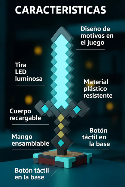 Espada de Diamante de Minecraft con Luz LED — Recargable